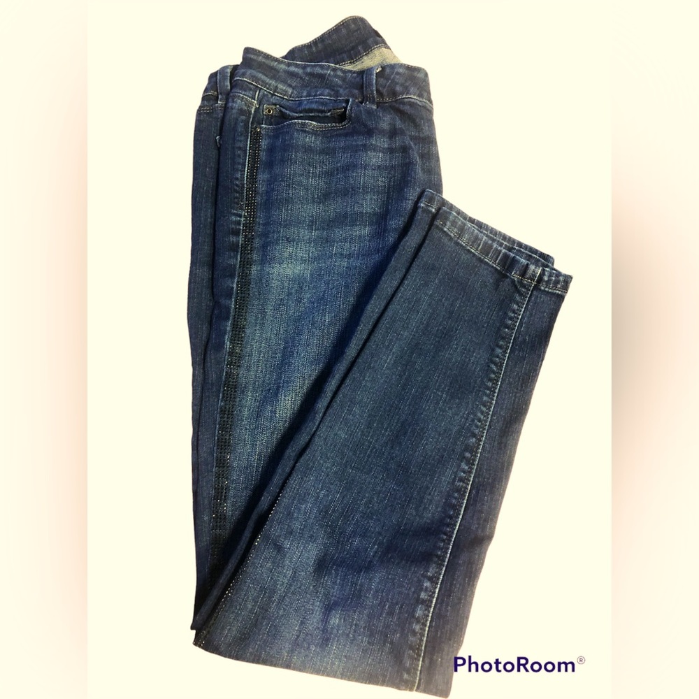 WHBM black crystal tuxedo striped size 8 jeans. Stretch comfort.